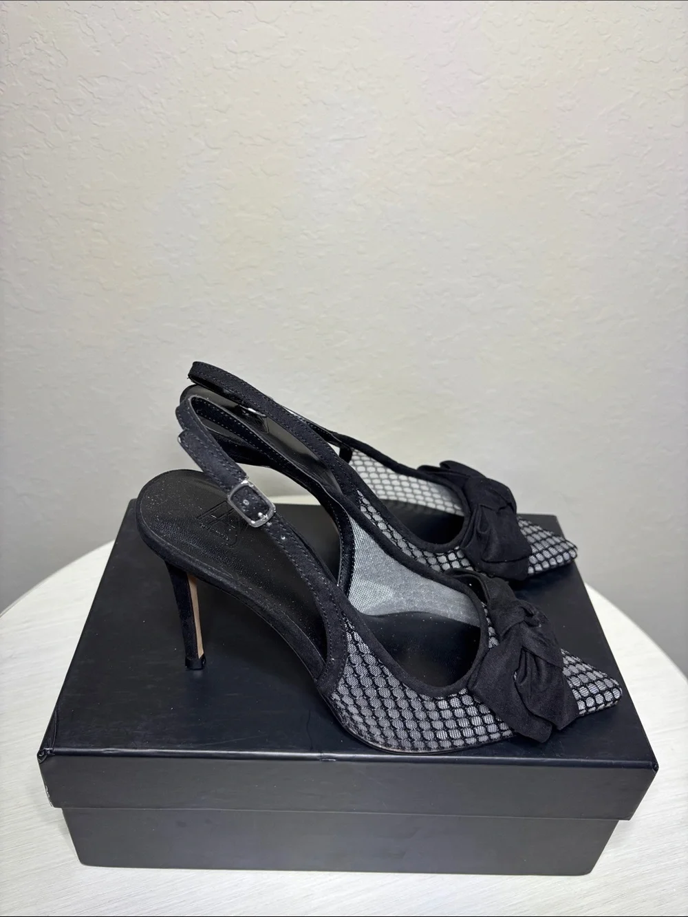 AAJ By Aminah Gemma Black Mesh Bow Slingback Pointed Toe  Stiletto Heels 7M NIB